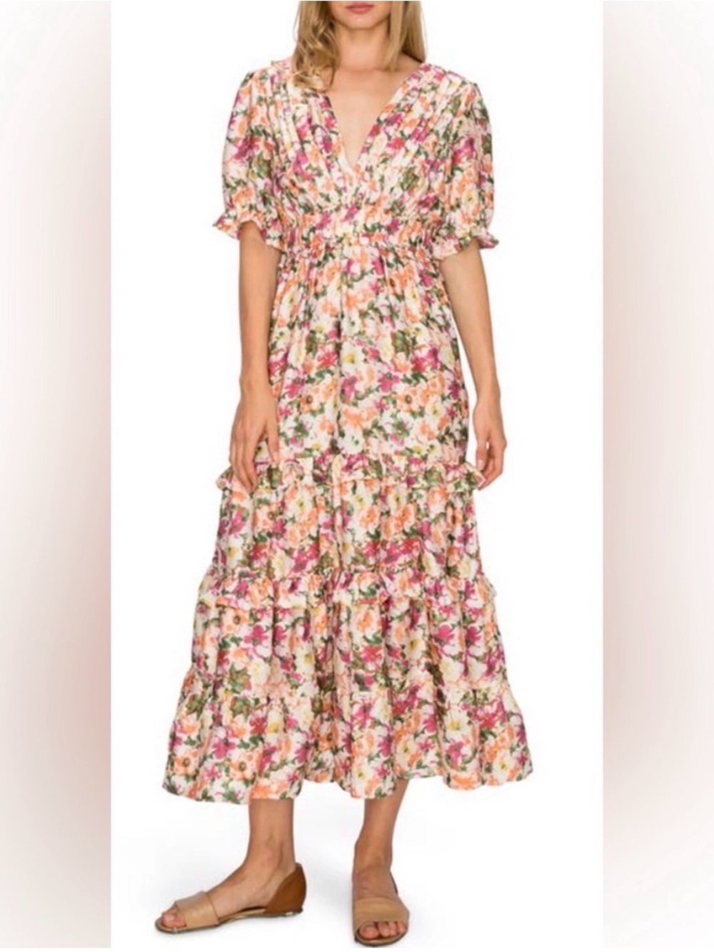 Melloday Vibrant Floral Tiered Midi Dress - Size Small